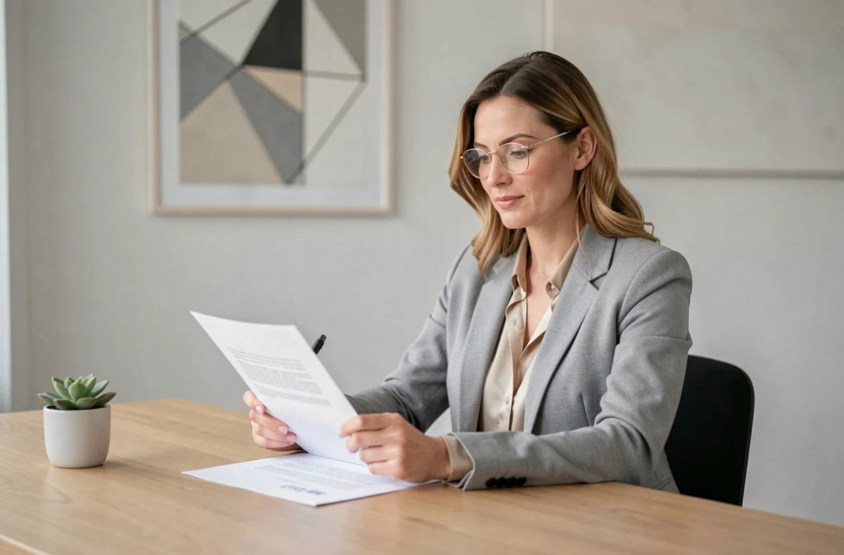 Joanna Coll, notaire à Toulouse, assise à son bureau moderne et consultant un document juridique avec des lunettes en main