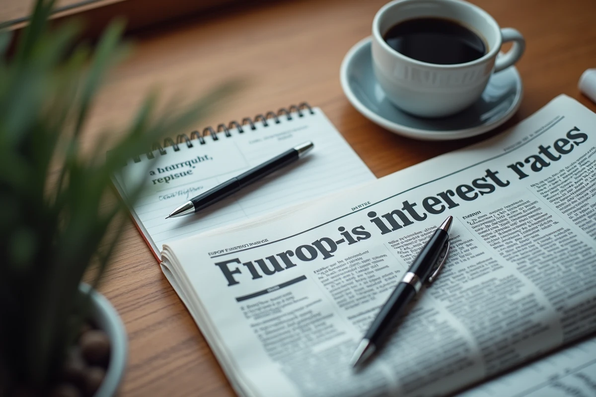 Gros plan sur un journal financier ouvert sur les taux d'intérêt européens posé sur un bureau avec notes manuscrites et smartphone