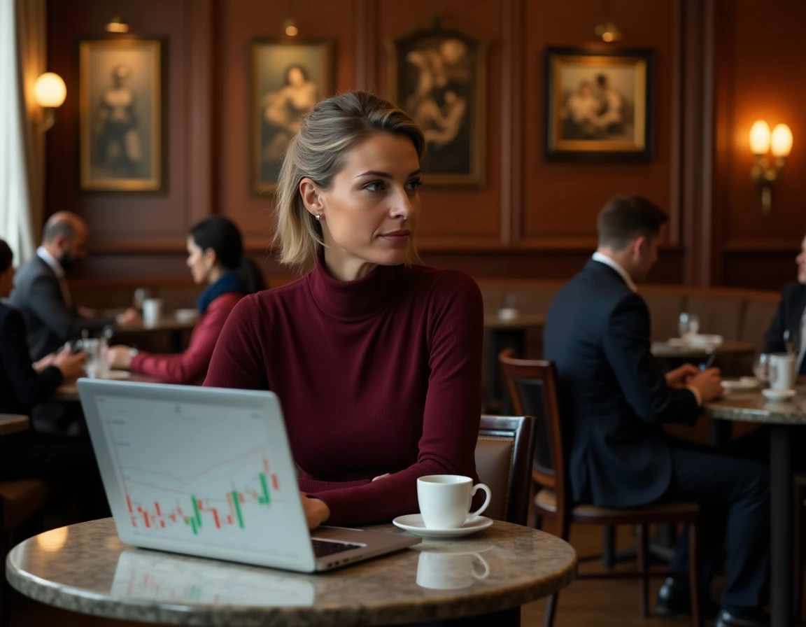 Journaliste consultant des données financières sur un ordinateur portable dans un café parisien élégant