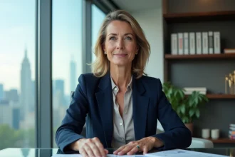 Journaliste française en blazer marine analysant des documents financiers dans un bureau moderne vitré