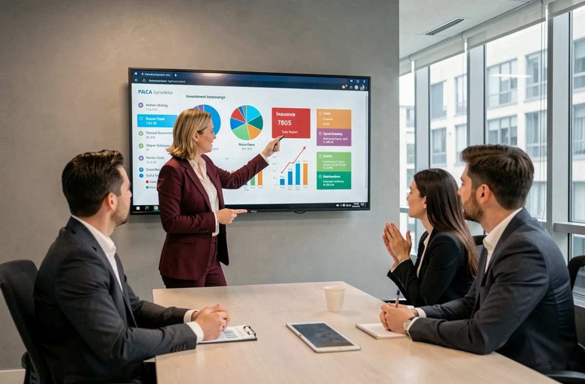 Conseillère de Kallisté Conseil présentant une stratégie d'investissement financier et d'assurance à des clients en région PACA