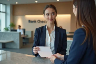 Femme remettant un bordereau de paiement à un guichetier dans une agence bancaire moderne