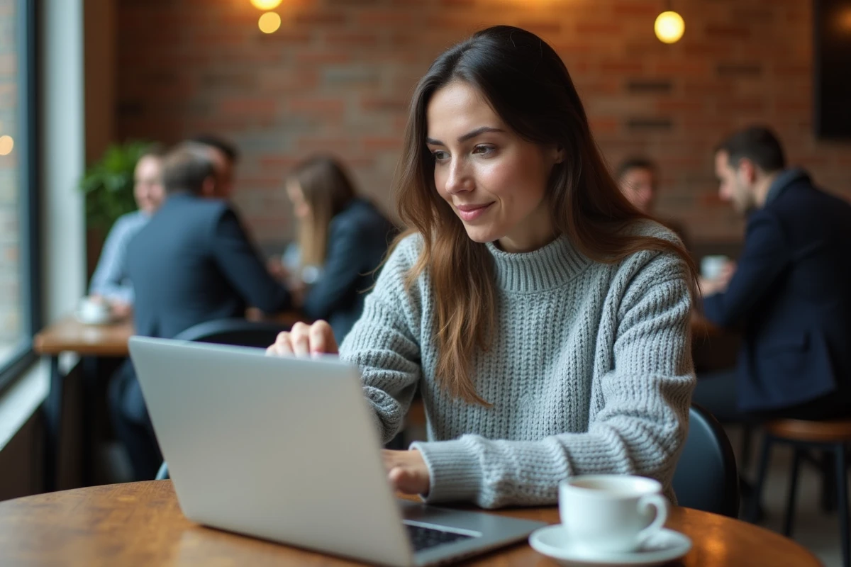 Femme consultant les libellés de paiement sur un relevé bancaire en ligne dans un café