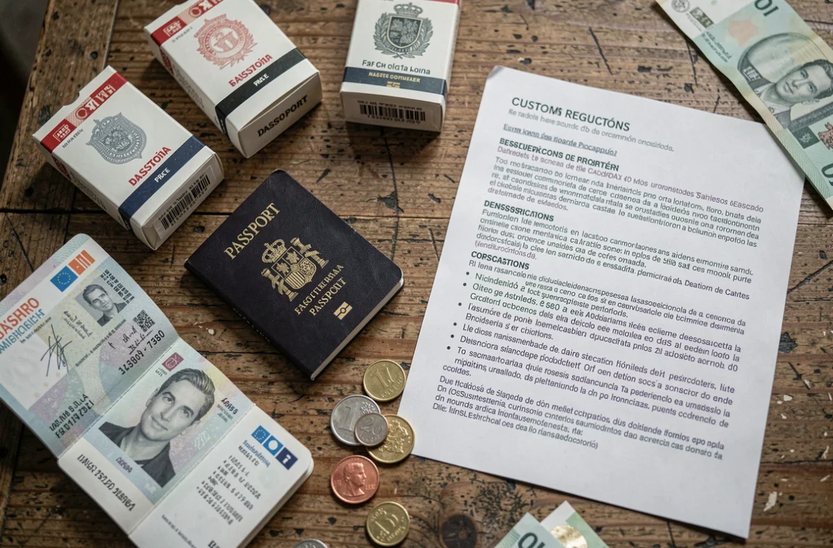 Cartouches de cigarettes espagnoles avec vignettes fiscales, passeport et réglementation douanière sur une table en bois