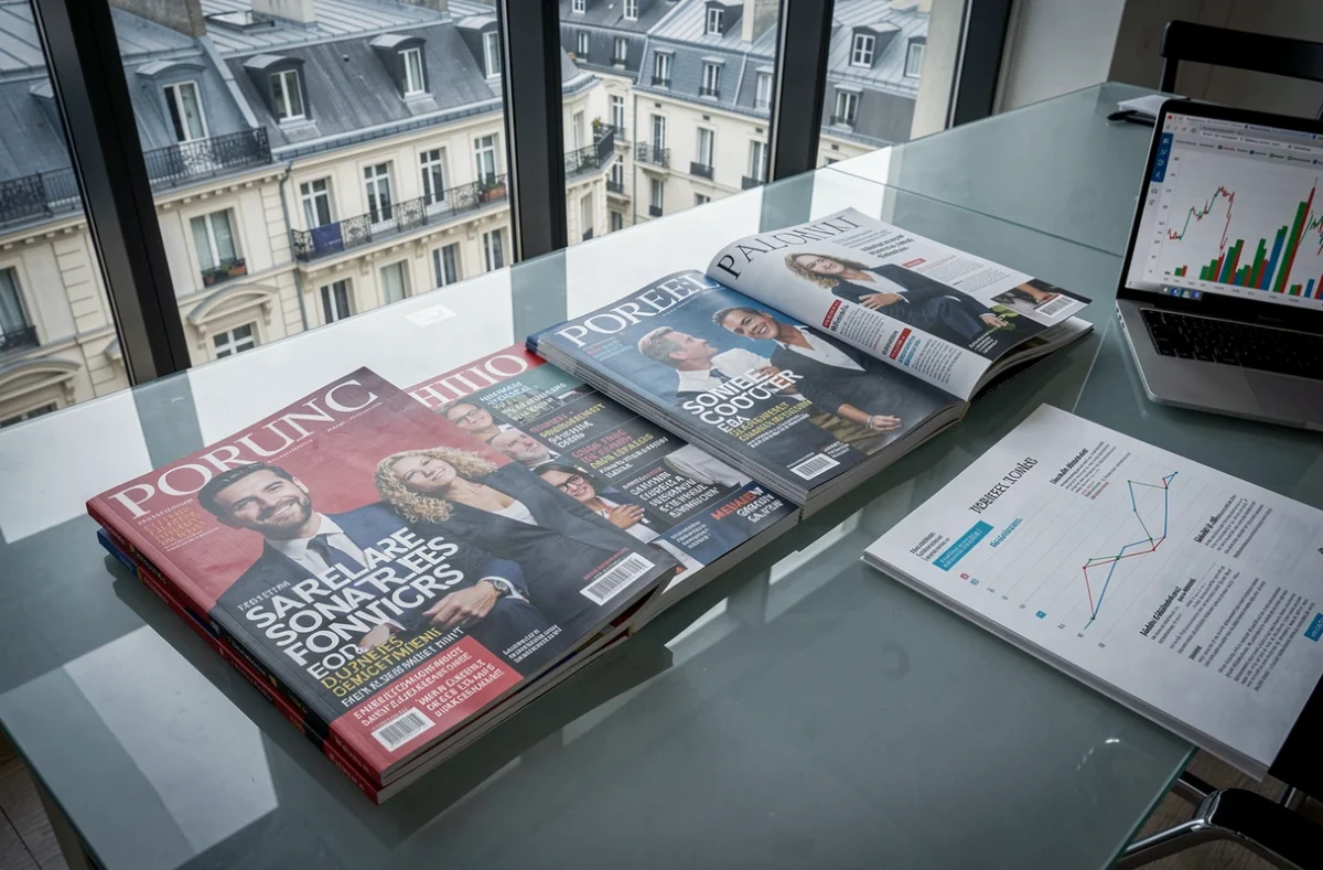 Magazines français sur les médias et contrats de célébrités étalés sur une table de bureau avec un écran affichant des graphiques financiers