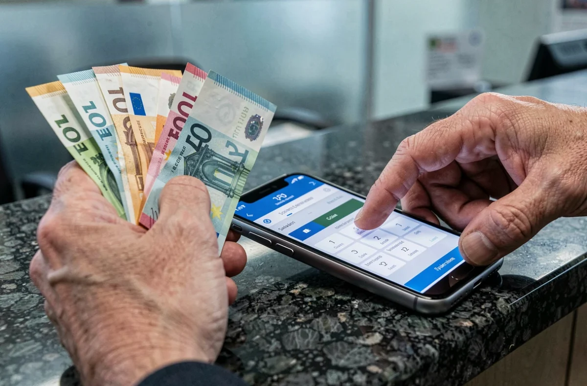 Mains tenant des billets en euros et devises étrangères avec calculatrice de conversion en ligne sur smartphone