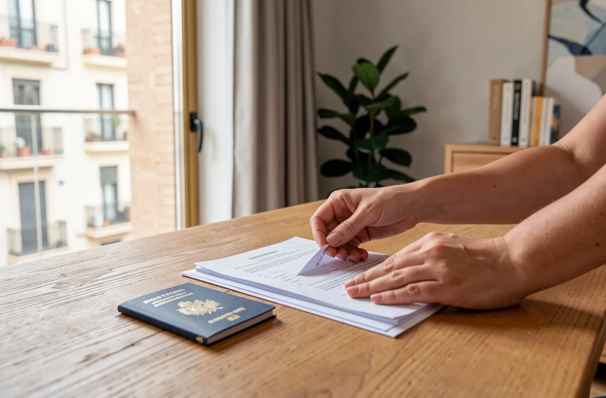 Mains triant des documents et un passeport sur une table dans un appartement madrilène