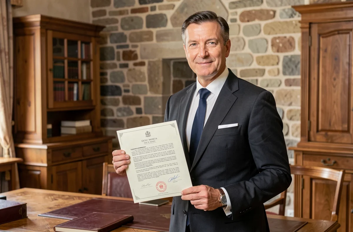 Maître Philippe Pailhes, notaire en Occitanie, tenant un document officiel dans son étude aux murs en pierre