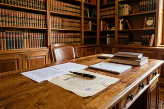 Bureau de notaire en Occitanie avec documents officiels et livres juridiques, représentant le classement des meilleurs notaires de la région