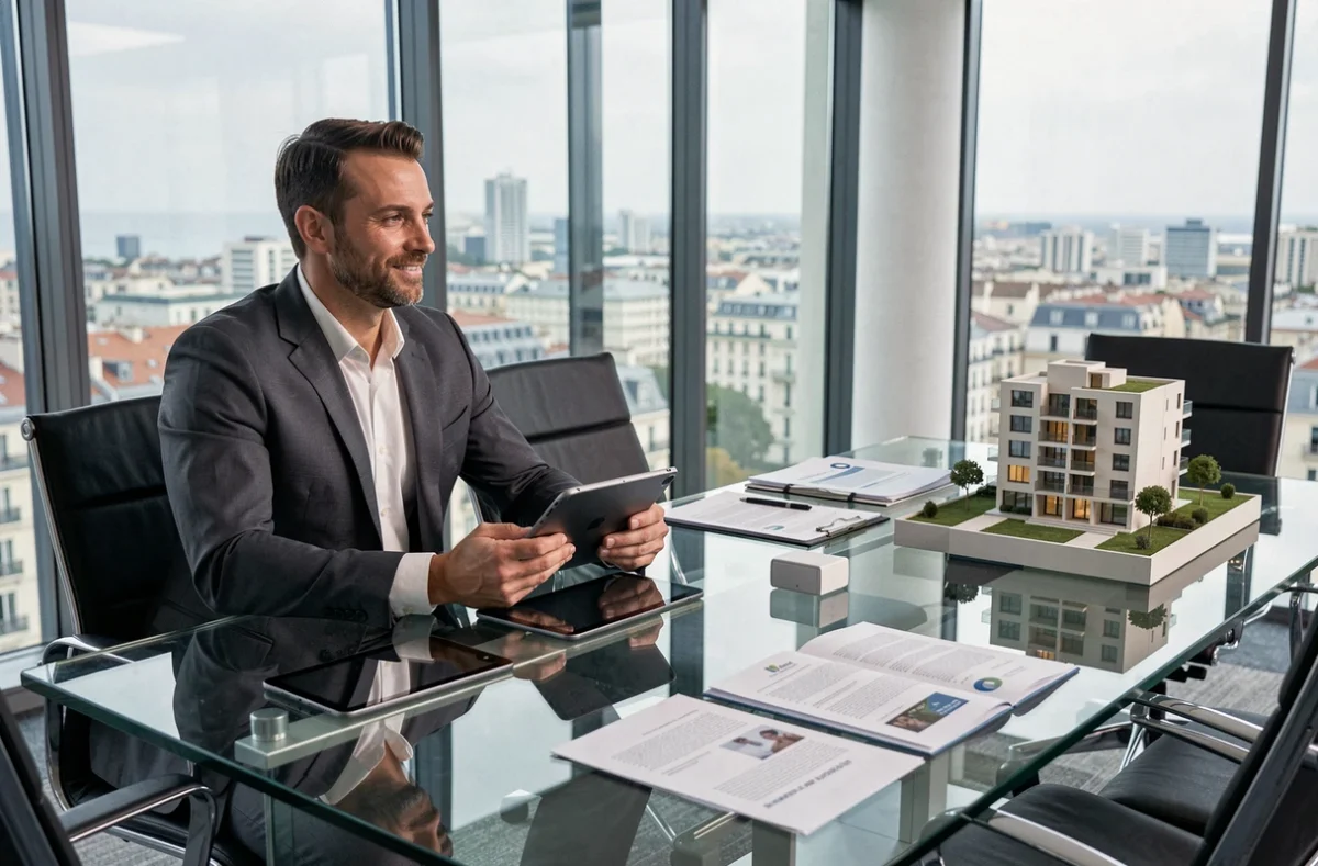 Gestionnaire de Momentum Patrimoine animant une réunion de gestion privée globale dans un bureau panoramique à Marseille