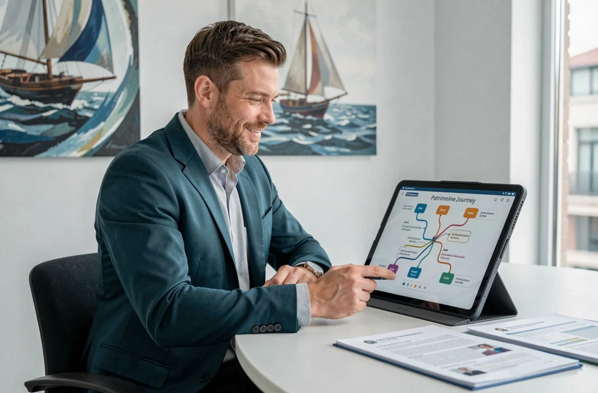 Conseiller d'Odyssée Patrimoine présentant une feuille de route patrimoniale sur tablette dans un bureau moderne