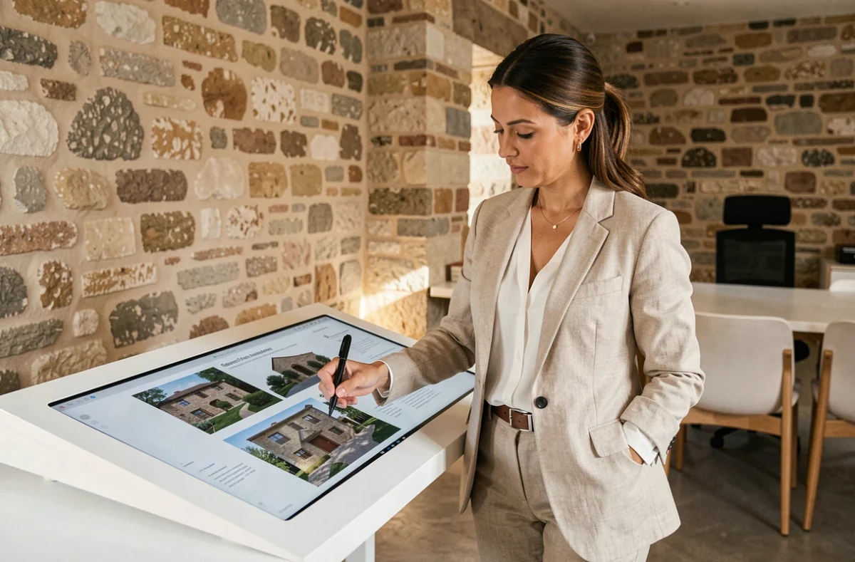 Conseillère patrimoniale de Patrimoine Design dans un bureau contemporain alliant pierre et modernité à Aix-en-Provence