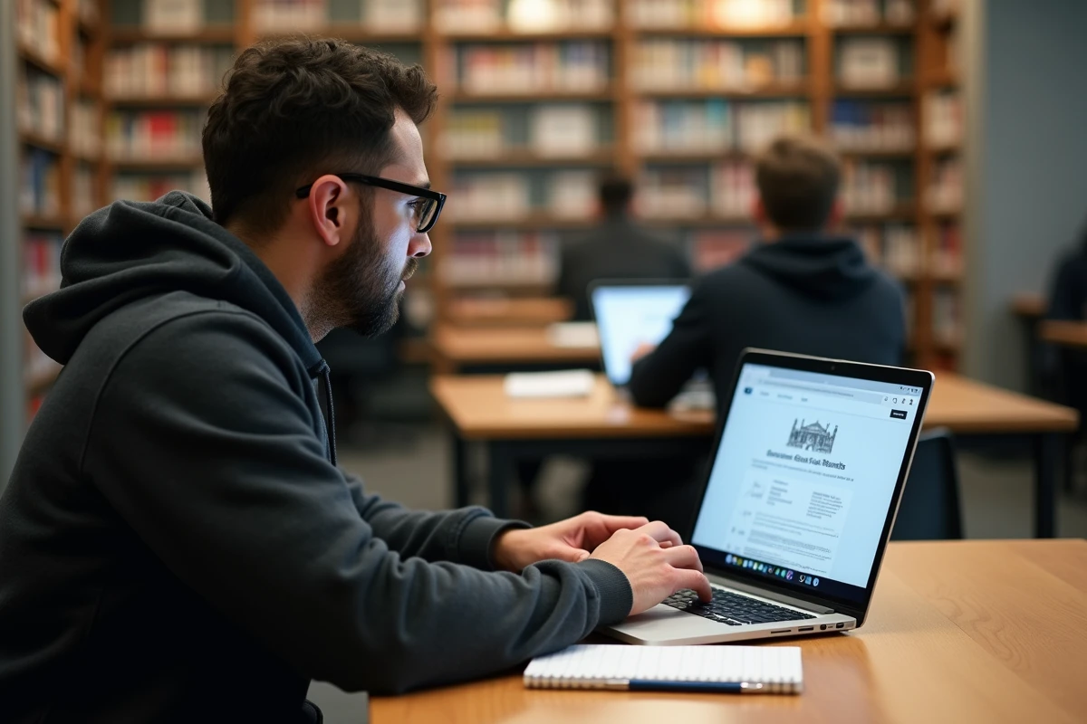 Personne seule en bibliothèque consultant les montants RSA et APL sur un site officiel gouvernemental