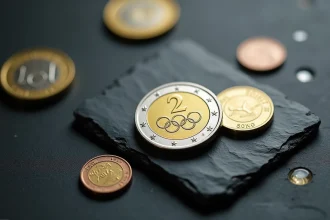 Pièce de 2 euros Jeux Olympiques 2026 en gros plan sur une surface ardoise, entourée d'autres pièces en euros
