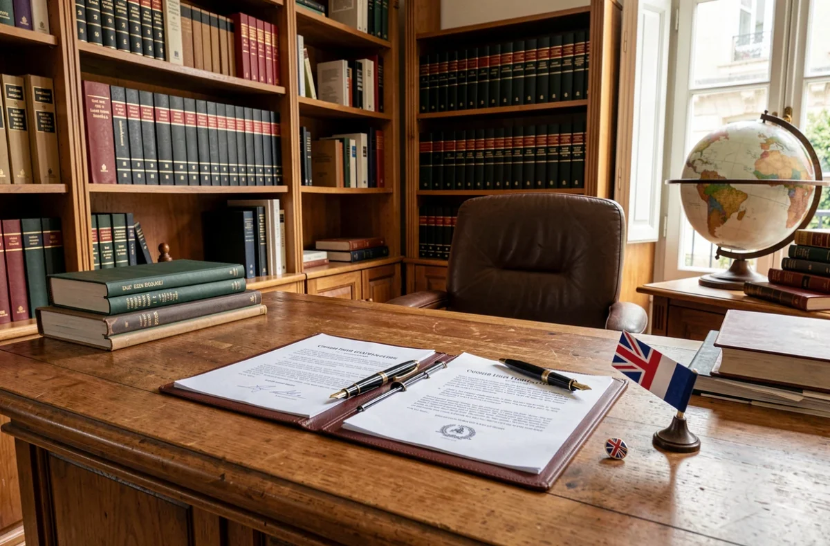 Bureau bilingue de l'étude Poltorak Notaires à Toulouse, avec documents en français et en anglais symbolisant leur service international