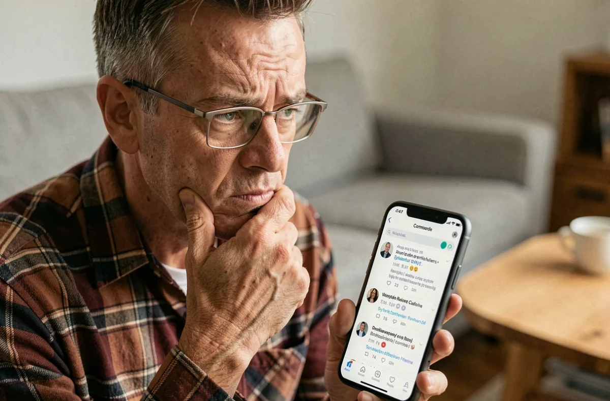 Portrait d'un homme d'âge mûr évaluant des conseils sur un forum financier Boursorama depuis son smartphone