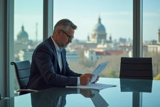 Cadre exécutif espagnol examinant des documents relatifs aux nouvelles réglementations du Prix Philip Morris Espagne 2026 dans un bureau moderne à Madrid