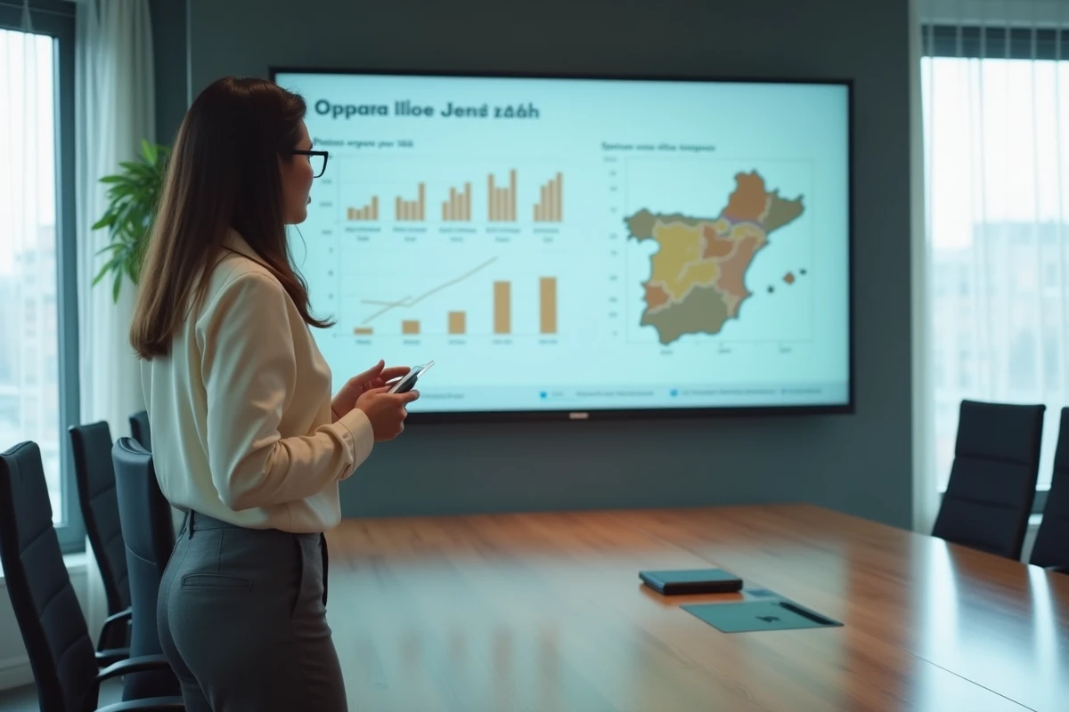 Analyste espagnole présentant des données sur l'évolution des prix du marché du tabac Philip Morris en Espagne pour 2026 lors d'une réunion d'entreprise