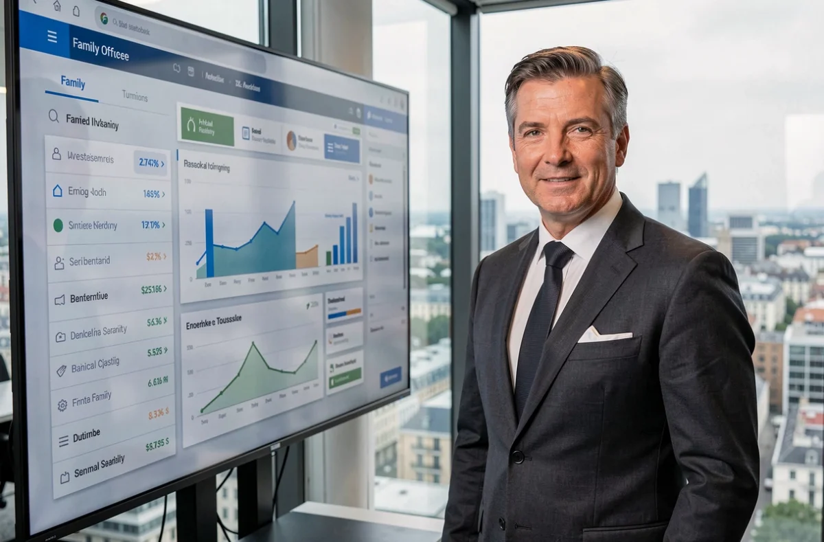 Conseiller de Profitys Family Office Toulouse présentant un tableau de bord d'investissement familial