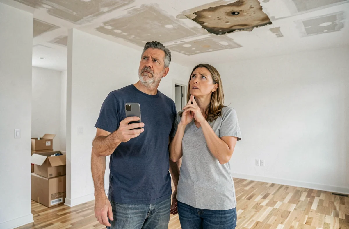 Couple de propriétaires constatant des dégâts au plafond et envisageant un recours en garantie décennale