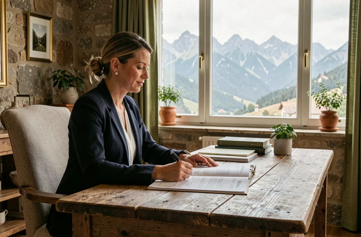 Conseillère de Pyrénées Patrimoine analysant des dossiers d'investissement avec vue sur les Pyrénées