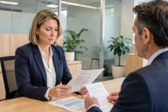 Femme consultant un conseiller financier pour un rachat de crédit avec assurance emprunteur