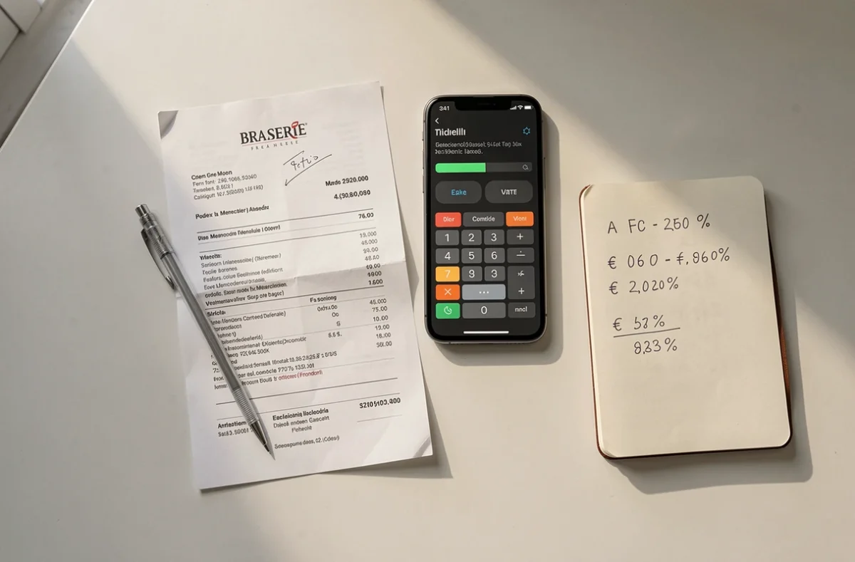 Vue de dessus d'un reçu de repas, calculatrice fiscale et notes manuscrites pour le calcul du plafond déductible aux impôts