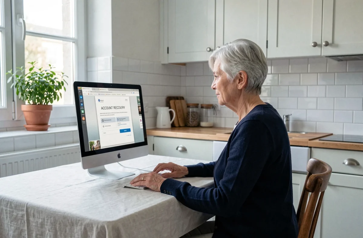 Femme senior récupérant l'accès à son compte en ligne via une page de récupération de mot de passe sur ordinateur de bureau