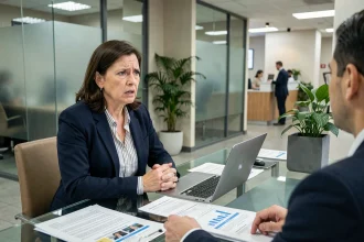 Une femme frustrée en discussion avec un conseiller bancaire à propos du refus de déverrouillage de sa carte bancaire dans une agence moderne