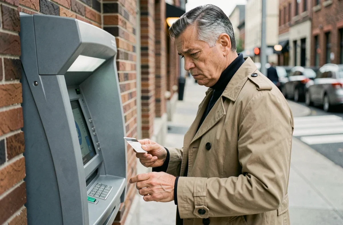 Un homme face à un distributeur automatique après un refus de transaction lié au blocage de sa carte bancaire dans une rue urbaine