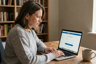 Femme consultant un formulaire de réinitialisation de mot de passe sur un ordinateur portable à son bureau à domicile