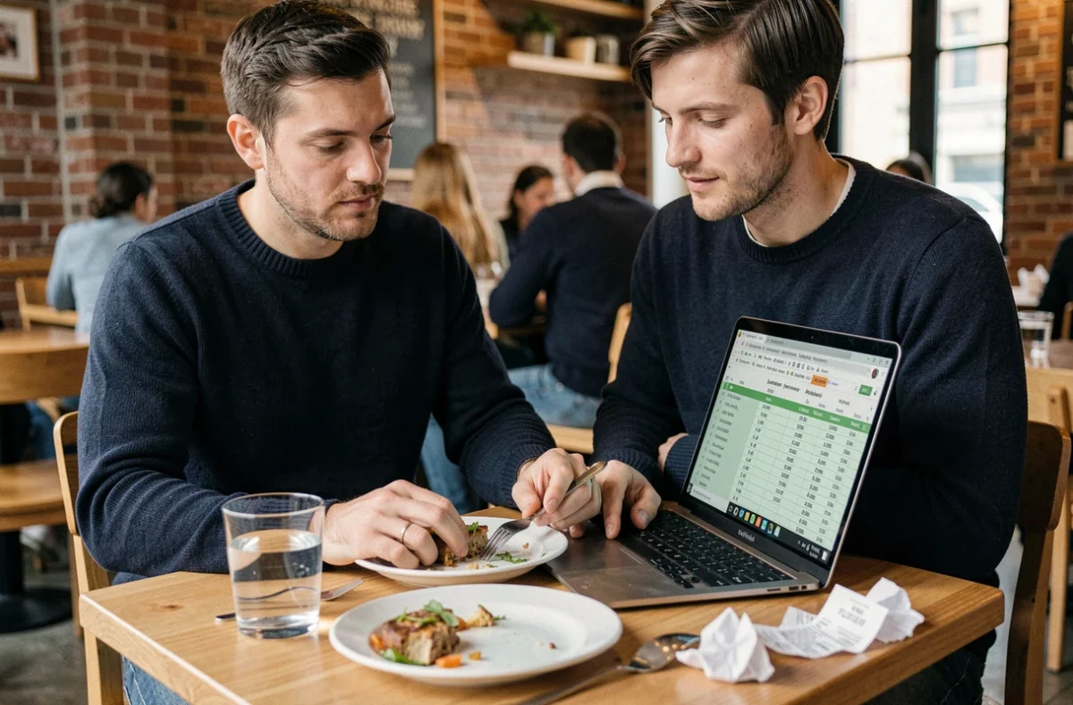 Homme au restaurant calculant le plafond fiscal de son repas professionnel sur un ordinateur portable
