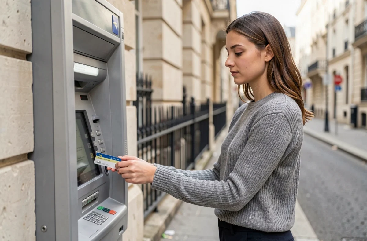 Jeune femme retirant de l'argent avec sa carte prépayée La Poste à un distributeur automatique en ville