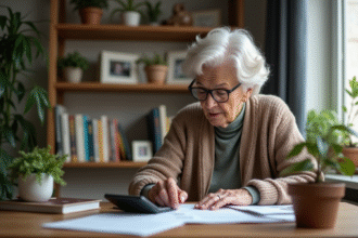 Femme retraitée lisant des papiers à son bureau à domicile