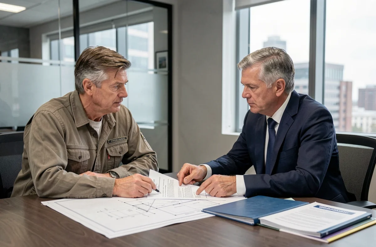 Réunion entre un entrepreneur et un conseiller en assurance pour maintenir la garantie décennale