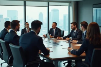 Groupe de professionnels en réunion dans une salle moderne