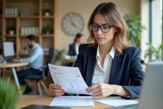 Femme employée examinant une fiche de paie dans un bureau moderne, illustrant le calcul du salaire brut en net de 2200 euros