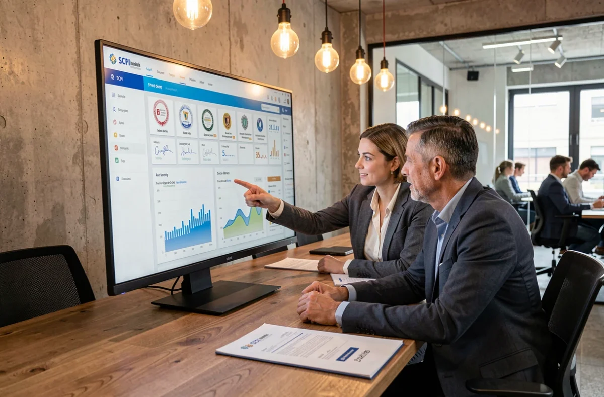 Deux professionnels analysant ensemble une plateforme d'investissement SCPI en ligne dans un espace de coworking moderne