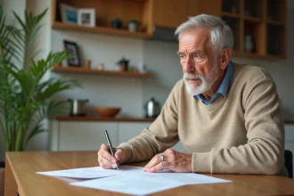 Homme senior examine documents de pension dans sa cuisine