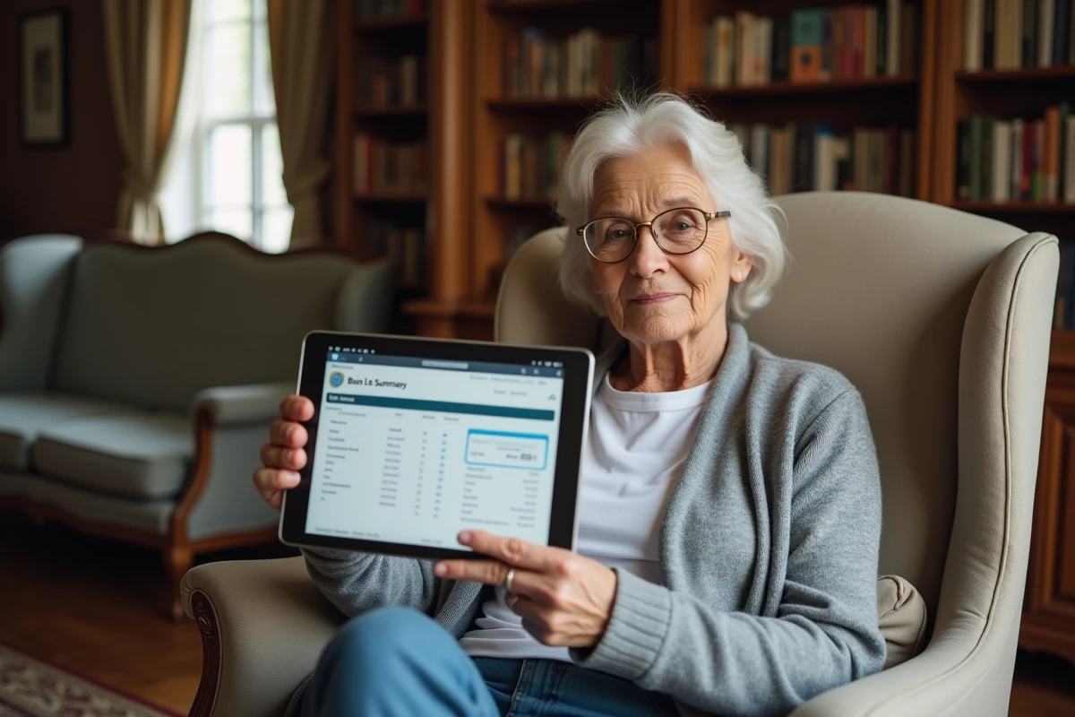 Femme senior utilisant une tablette pour accéder à sa banque à distance CAFC depuis son salon