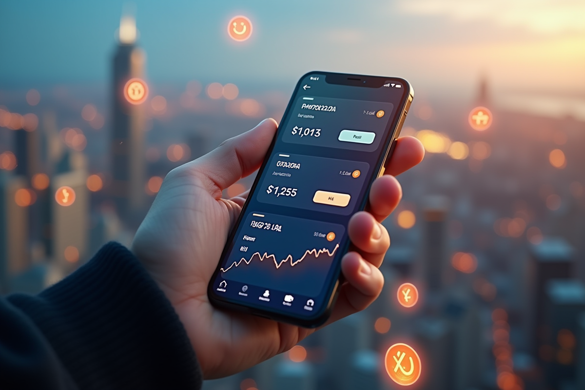 Main tenant un smartphone avec applications crypto et ville futuriste