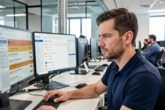 Technicien informatique analysant une erreur de connexion CMUT Direct sur deux écrans de bureau en open space