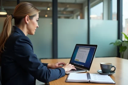 Femme comptable consultant le portail de télépaiement des acomptes IS sur ordinateur portable au bureau