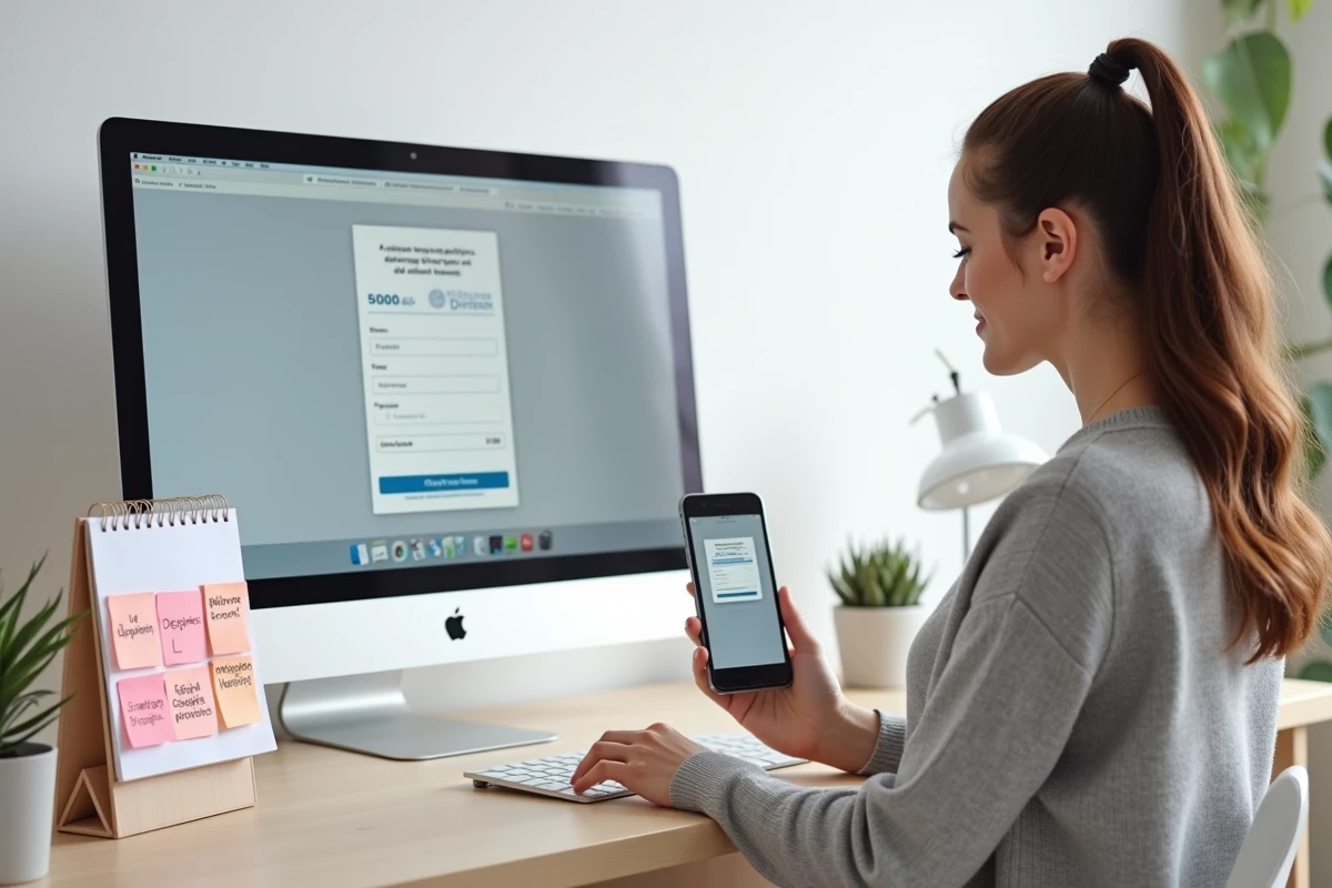 Jeune professionnelle effectuant un télépaiement d'acompte IS depuis son bureau à domicile avec rappel d'échéance