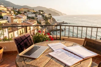 Terrasse ensoleillée avec ordinateur et dossiers, face à une ville côtière espagnole