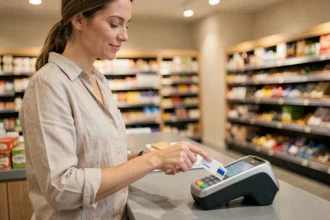 Femme utilisant une carte prépayée La Poste pour un paiement sans contact en supermarché