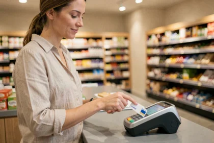 Femme utilisant une carte prépayée La Poste pour un paiement sans contact en supermarché
