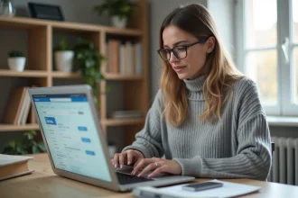 Femme effectuant un virement PayPal vers un compte bancaire depuis son ordinateur portable à domicile